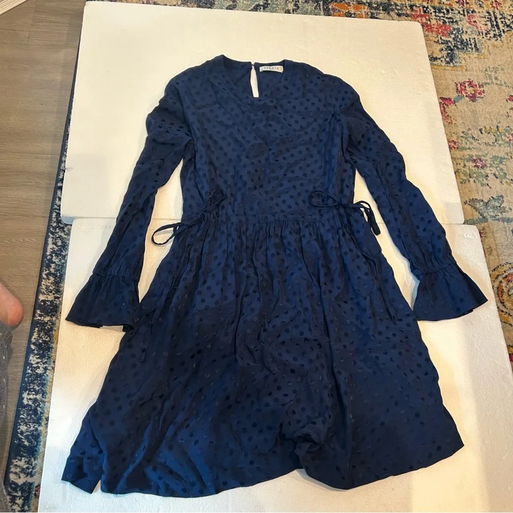 Sandro Paris navy polka dot mini dress fit and flare long sleeve - Picture 14 of 14
